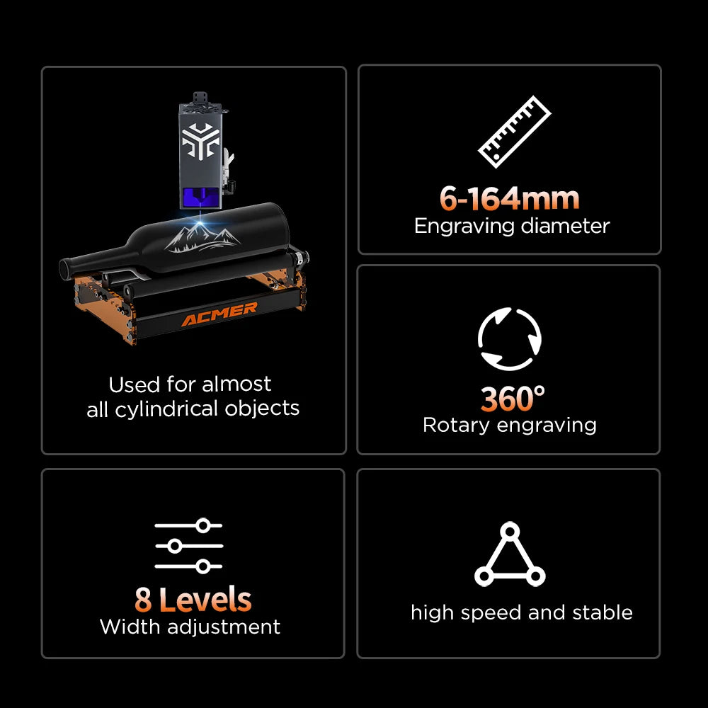 ACMER M3 Rotary Roller for 95% Laser Engraver Y-axis 360° Rotating 6-164mm Engraving Diameter Ideal for Cylindrical Objects