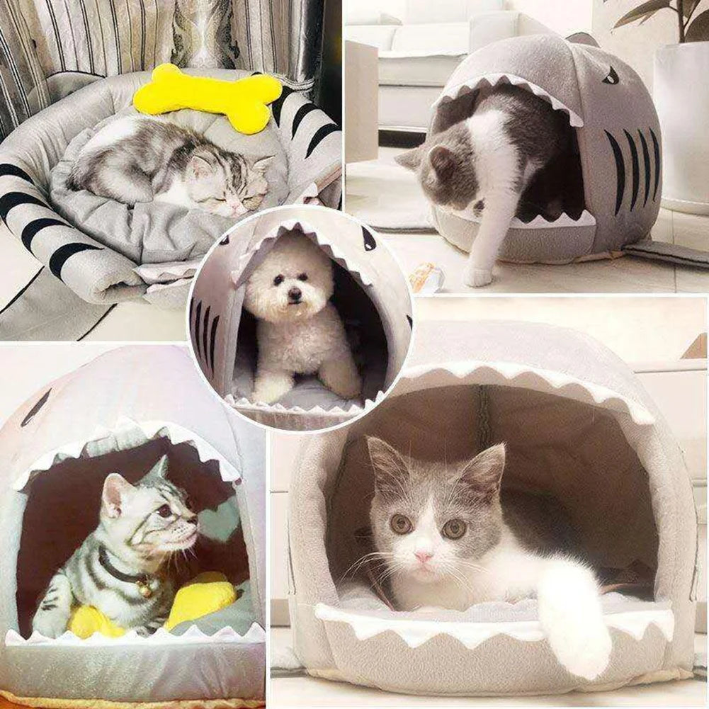 Cat And Puppy Pet Litter Cartoon Shark Shape Warm Safe Pet Bed Tent Convenient Cat Bed Kitten And Puppy Basket Mattress Pillow