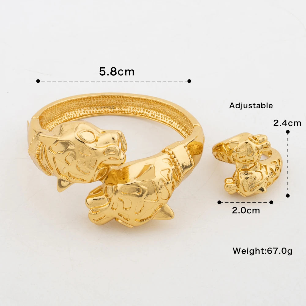 2PCS Jewelry Sets Charm Cuff Bangle with Ring Wedding Party Leopard Bracelet Women Dubai Gold Color Adjustable Ring Jewelry Gift