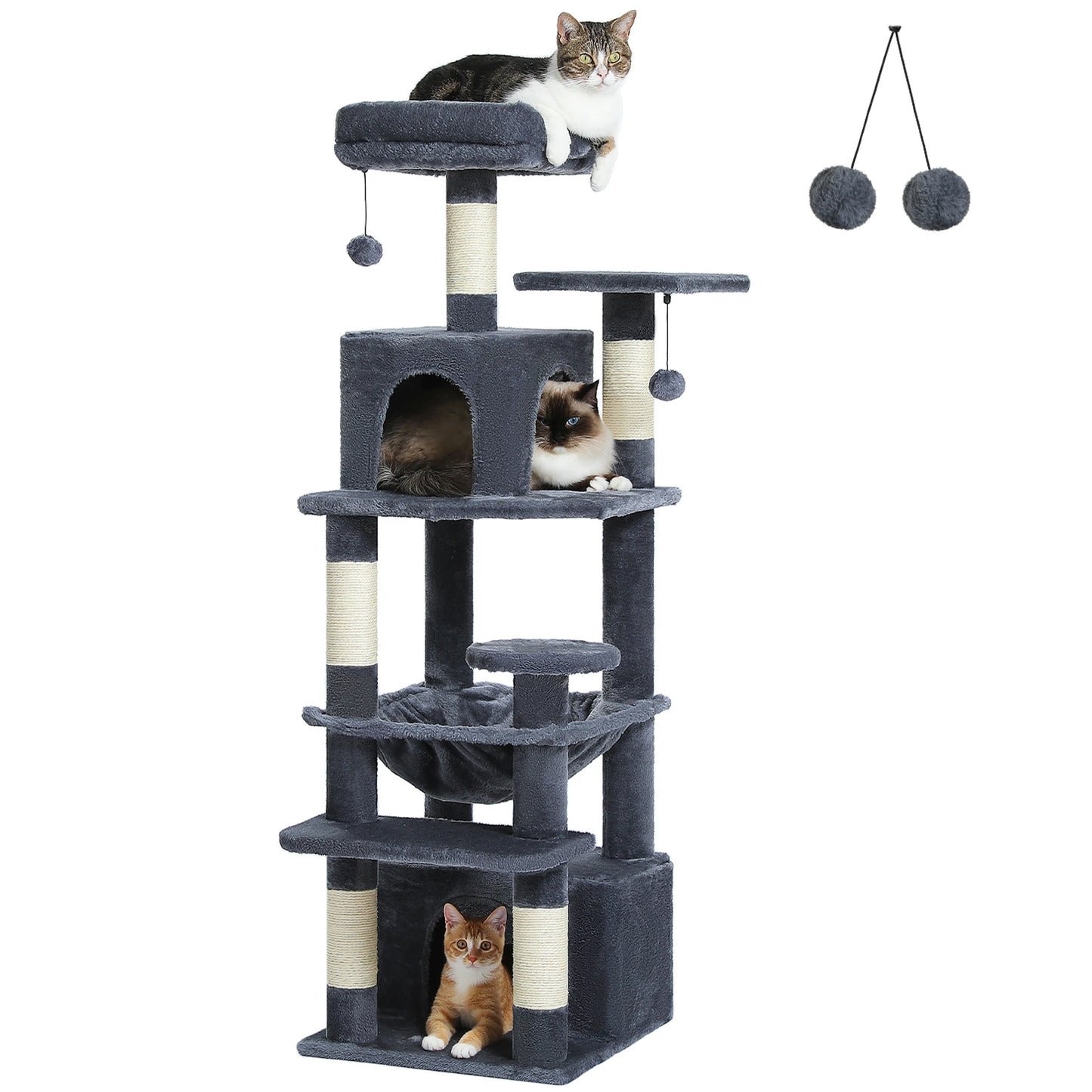 6-levels Cat Tree Tower with Joyful Pompom,Cozy Hammock,Double Condos,2 Top Perches,5 Scratching Posts Perfect for Indoor Cats
