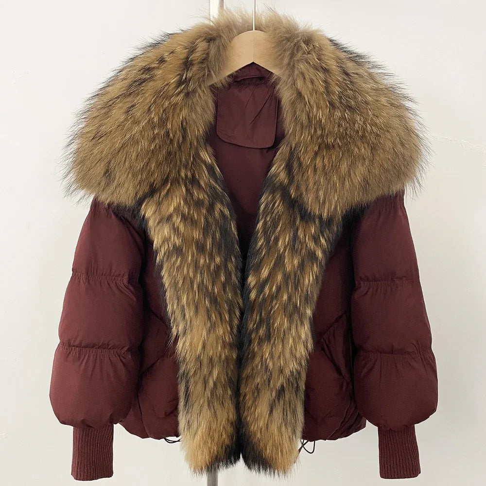 Puffer Coat Women Knit Sleeve Real Fur Coat New Winter Large Real Raccoon Fur White Duck Down Jacket Oversized Feather Parka