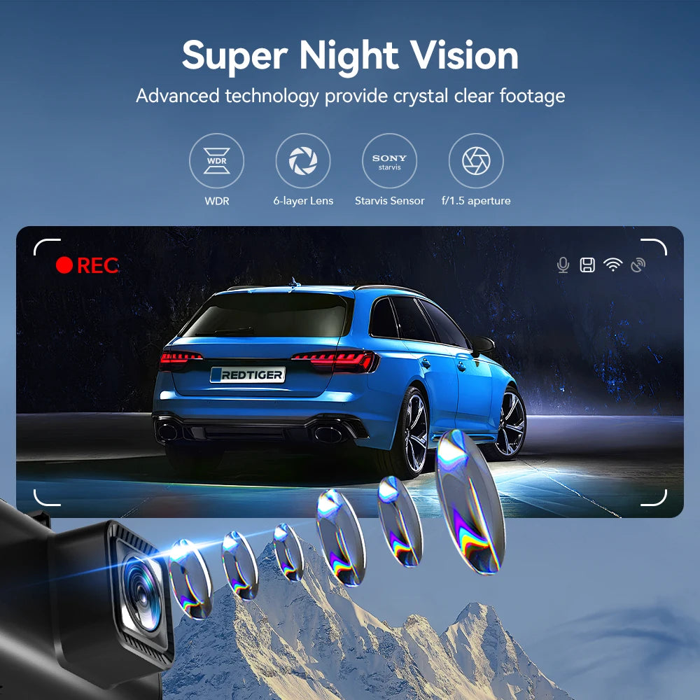 REDTIGER 4K Dash Camera Front and Rear WiFi Car Dvr Dual Car Camera  Easy To Install Car Camera Recorder Touched GPS