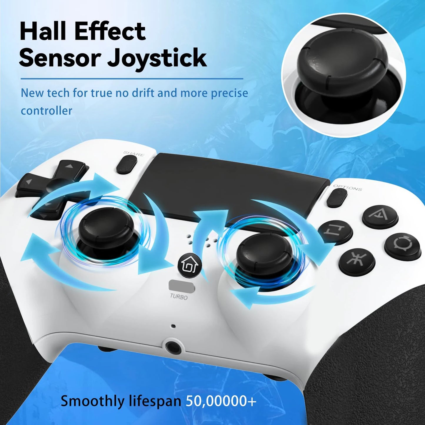 Wireless Controller Turbo Bluetooth-Compatible Game Controller Dual Vibration Hall Effect Joystick for PS4/PS4 Pro/PS4 Slim/PC