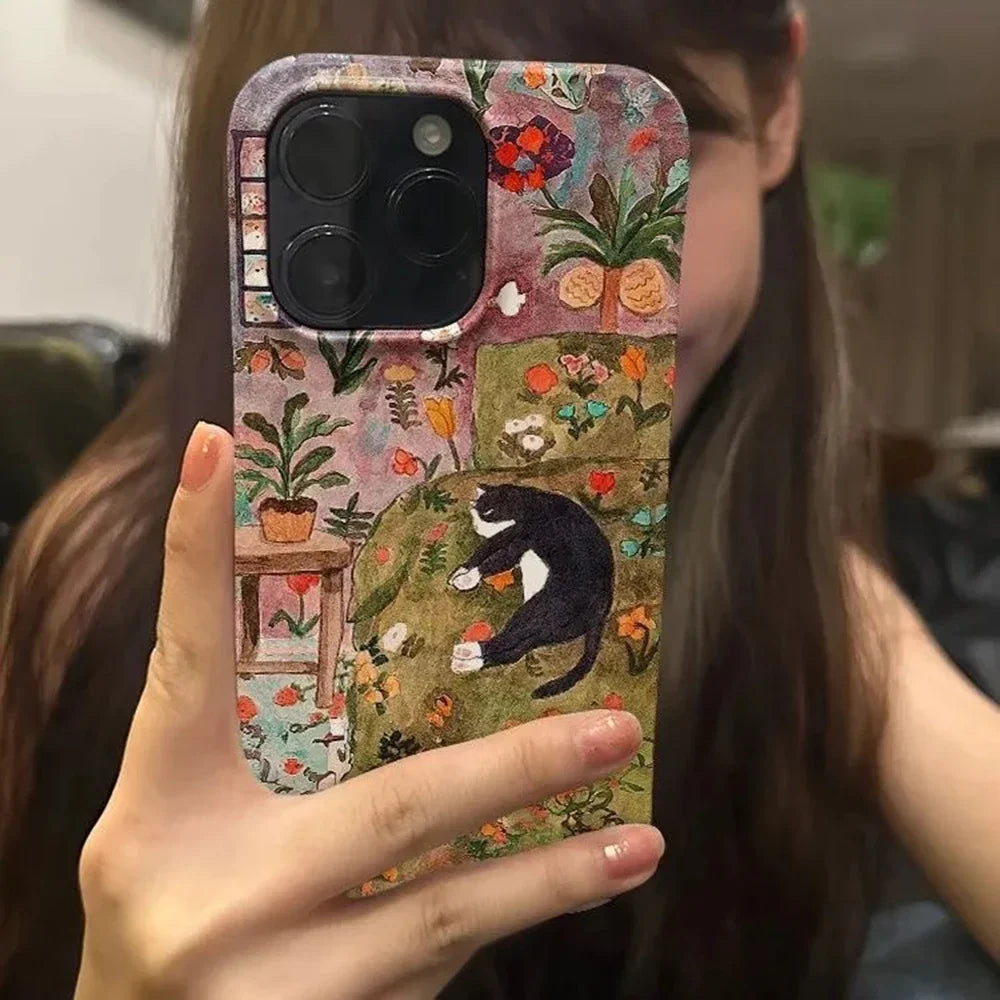 Ins style oil painting flowers cat Phone Case for iPhone 16 15 14 13 12 11 Pro Max XS XR XSMax 7 8 Plus Glossy HD Hard PC Cover