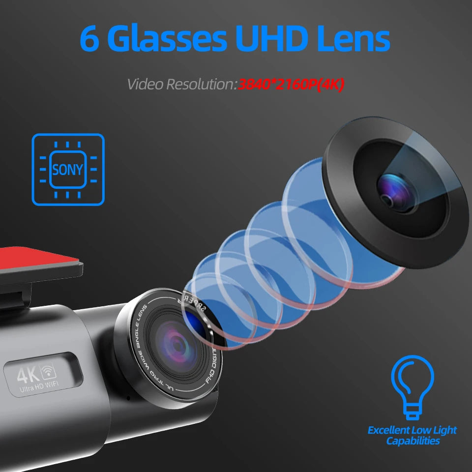 Dash Cam Car Camera Dual Lens 4K UHD Recording DVR Night Vision Video Recorder Built-In Wi-Fi Support GPS 24H Parking Car Camera