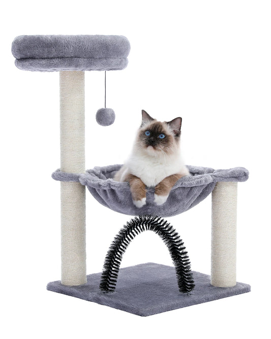 Small Cat Tree Cat Tower for Kitten with Super Large Plush Hammock Cat Scratching Post for Indoor Cats with Top Perch Cat Brush