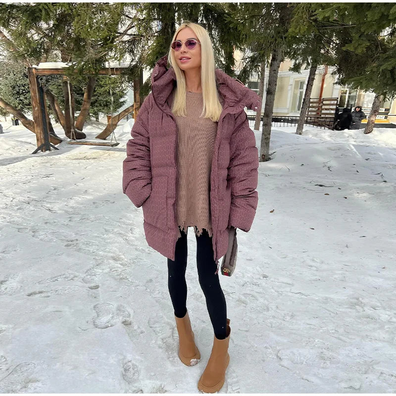 Print Puffy Women Winter Coats Casual Hooded Zipper Pocket Parkas Padded Jackets Vintage Lightweight Lady New In Outerwear