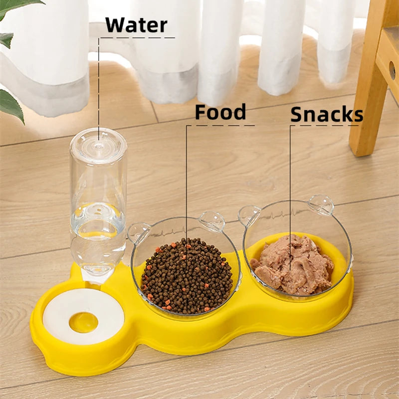 Cat Automatic Feeder Double Bowl3 In 1 Water Dispenser Dog Food Container Drinking Raised Stand Dish Pet Waterer Feeder Security