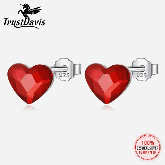 TrustDavis Authentic 925 Sterling Silver Sweet Red Zircon Love Heart Stud Earrings For Women Sterling Silver Jewelry Gift DA735