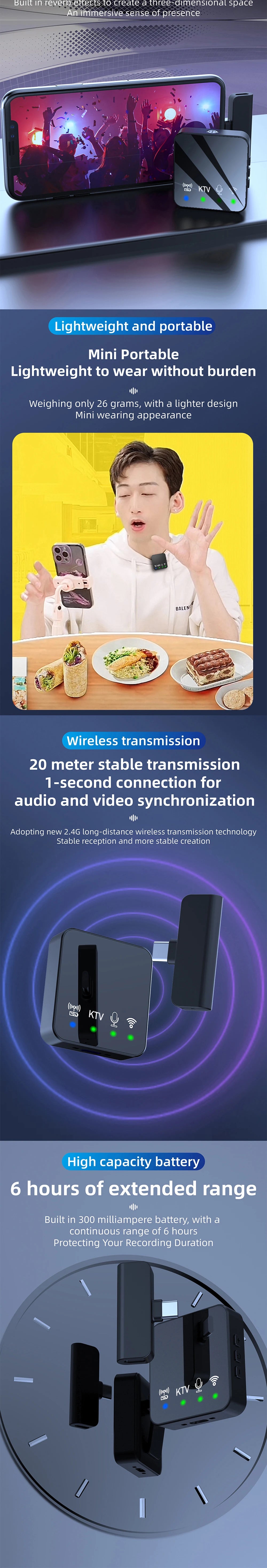 Wireless Lavalier Microphone Portable Audio Video Recording Mini Mic for iPhone Android Phone Outdoor Live Broadcast K Song Mic