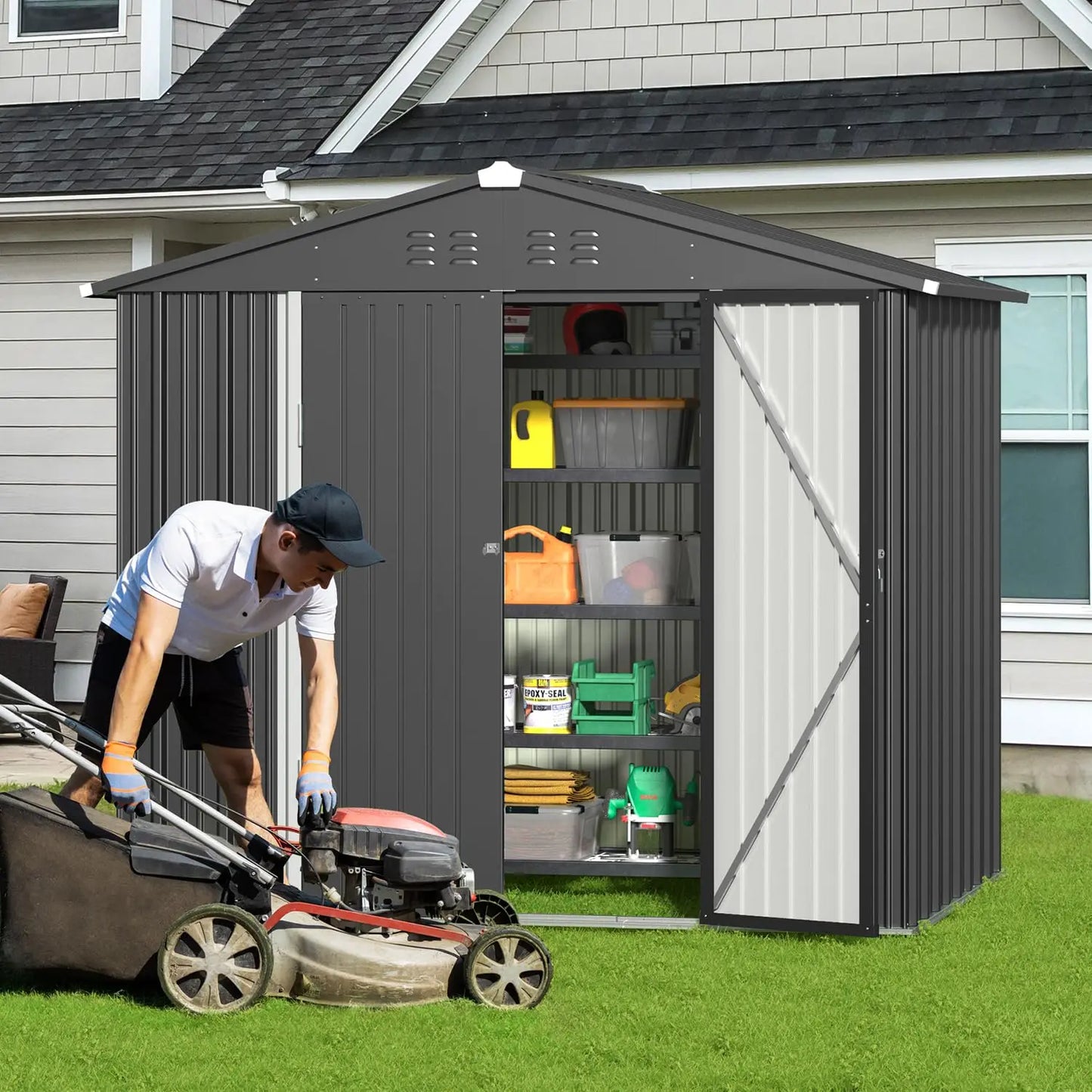 Outdoor Storage Shed 8 x 6 FT, Galvanized Metal Garden Shed with Double Lockable Doors, Outdoor Storage Clearance, Customized