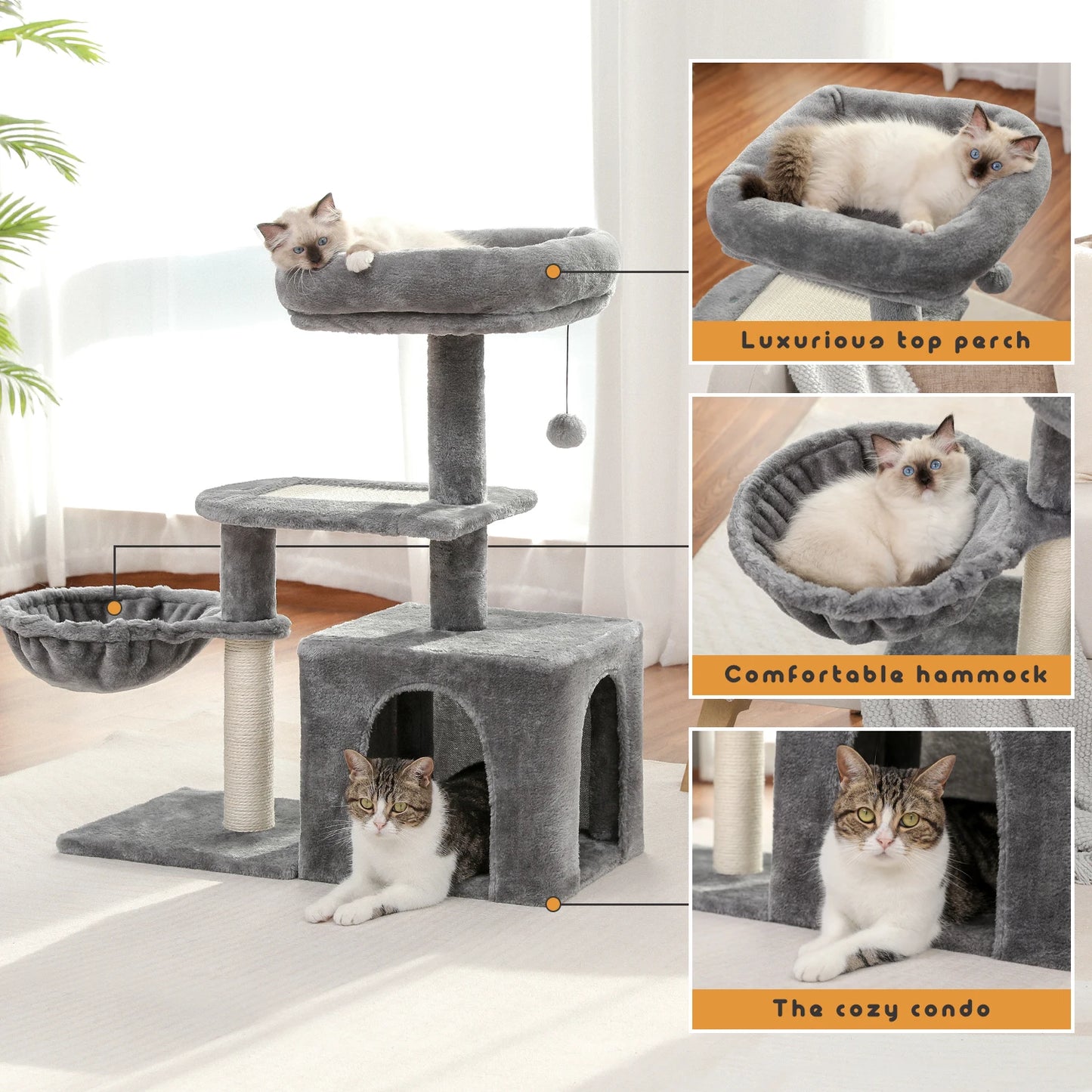 H70CM/80CM Small Cat Tree Condo with Natural Sisal-Covered Scratching Post for Kitten Cat Indoor Large Top Perch Cozy Hummock