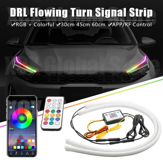 2Pcs RGB LED DRL Daytime Running Light Flowing Turn Signal Lamp APP/RF Remote Control LED Headlight Strips For Car Accessory 12V