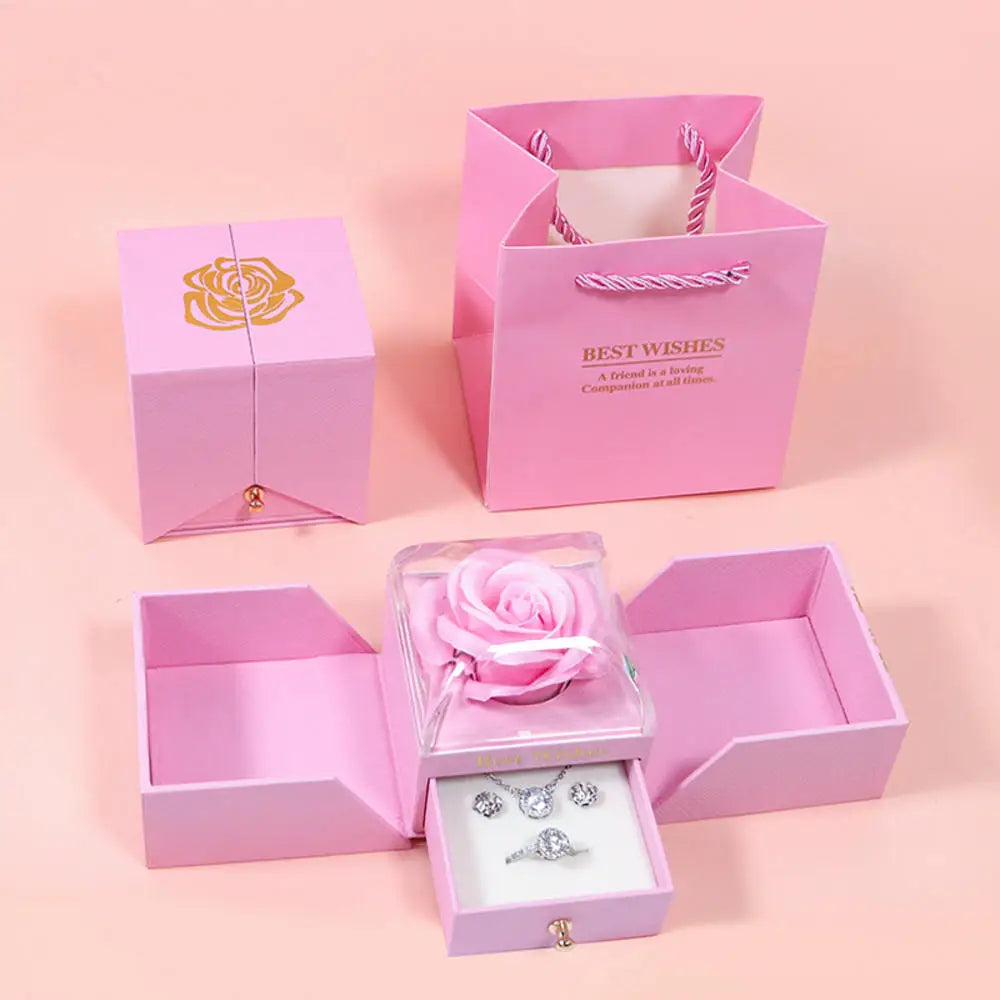 New in Rose Jewelry Box for Necklace Pendant Valentine's Day Gift Organizer Plastic Plastic Paper Lifting Packaging Display Box