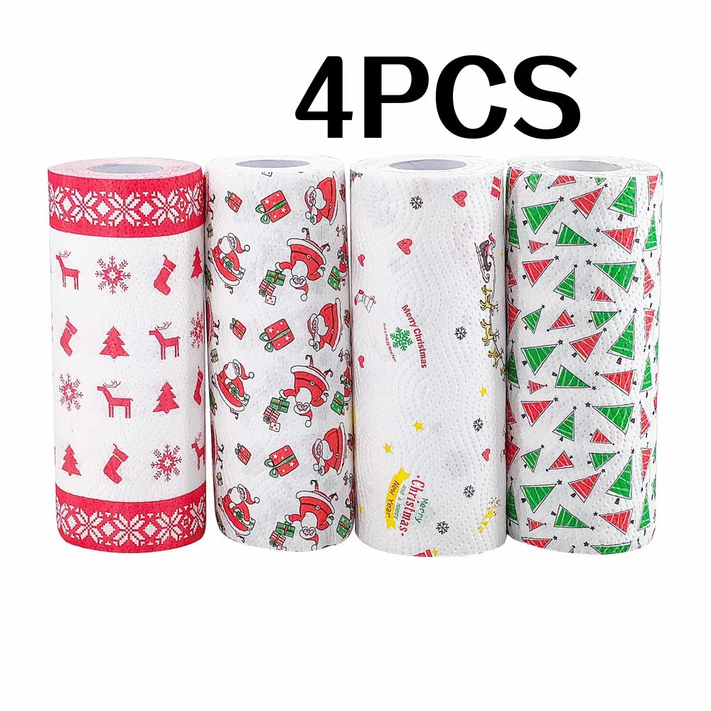 4Pcs Christmas Kitchen Paper Towels, Thick Three-Layer Roll Paper, Disposable Kitchen Cleaning Wet and Dry Dual-Use Household Thick Roll Paper, Disposable Kitchen Paper Towels, Washable Wet and Dry Dual-Use, Cleaning Supplies