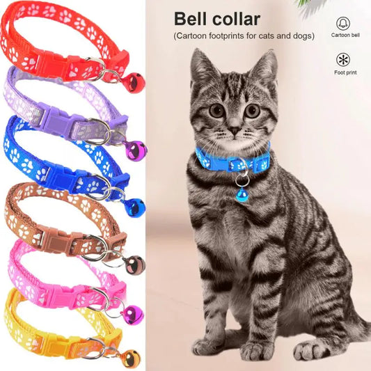 Pet Collar With Bell Cartoon Footprint Colorful Dog Puppy Cat Kitten Collar Adjustable Safety Bell Ring Necklace Pet Accessories