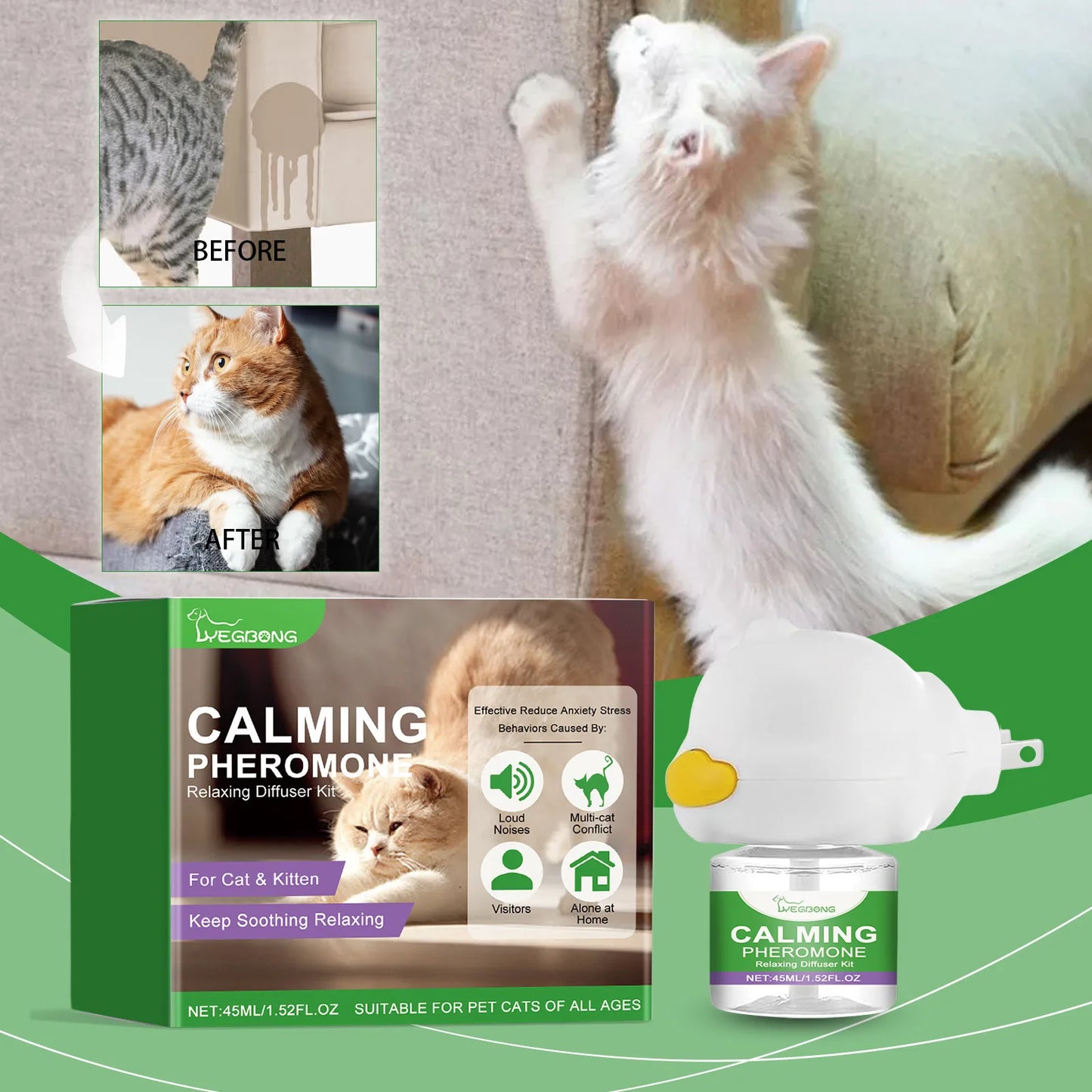 Cat Calming Diffuser: Plug-In Pheromone Relaxant for Cats - Reduces Anxiety & Prevents Howling, with Calming Liquid Included