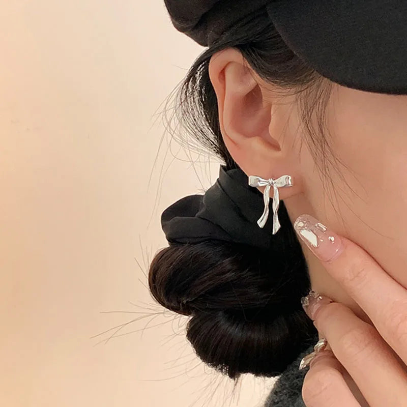 S925 Stud Earrings Elegant Bow Knot  Simple Earring For Girl Fashion Cute Jewelry Piercing Ear Fine Jewelry Women Accessories