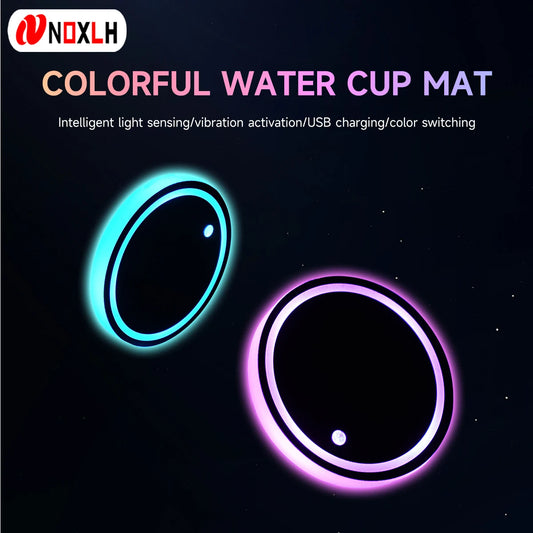 2pcs 7 Colors Car LED Cup Holder Light Mats Colorful Car Coasters Bottle Light Sensor Vibration Atmosphere Light LED Cup Holder