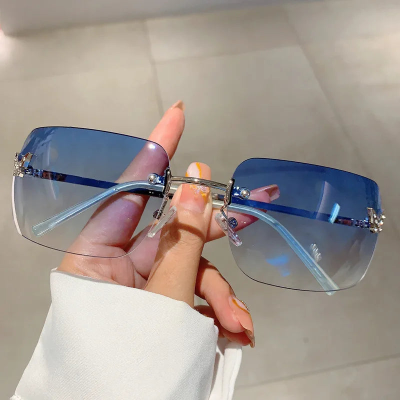 Y2K Luxury Brand Designer Rimless Square Sunglasses Women For Female Trendy Sun Glasses Diamond Butterfly Pink Punk Shades UV400