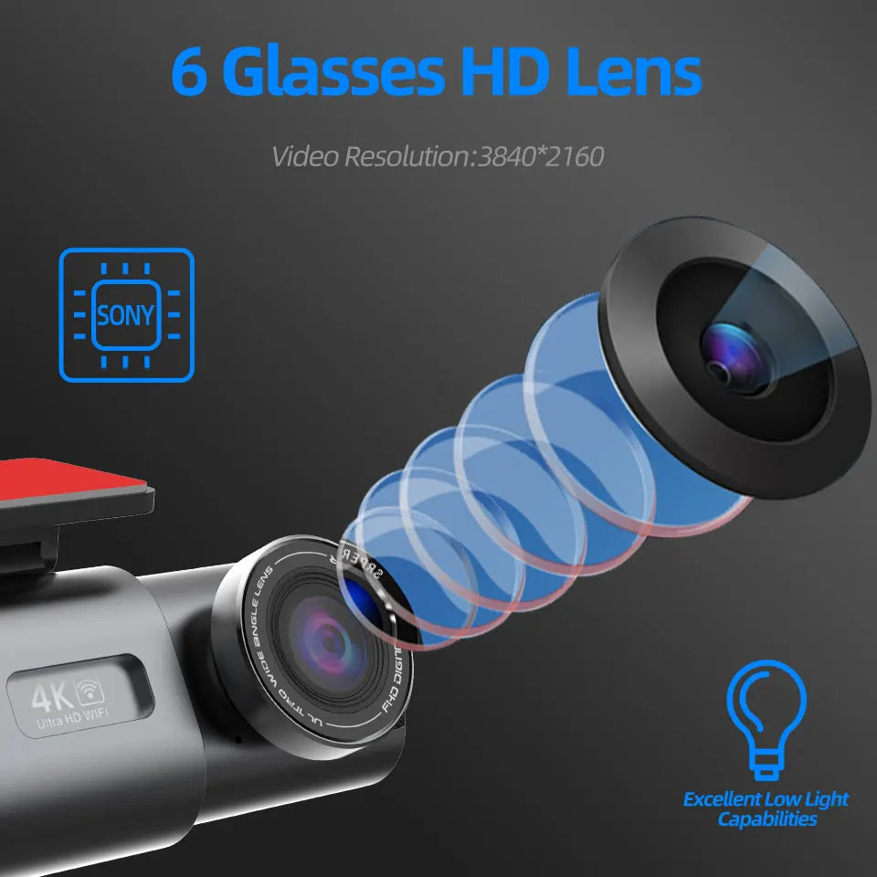 Dash Cam Car Camera Dual Lens 4K UHD Recording DVR Night Vision Video Recorder Built-In Wi-Fi Support GPS 24H Parking Car Camera
