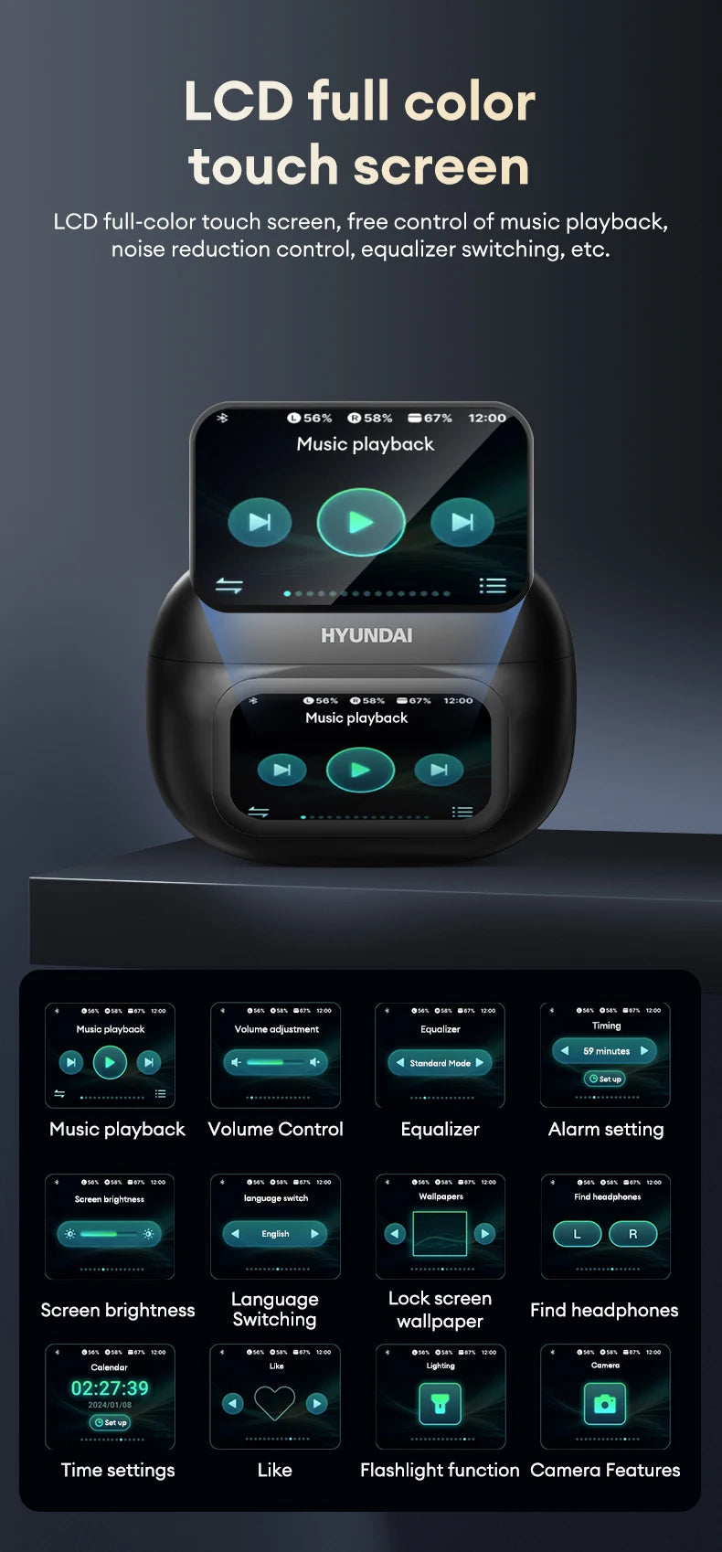 HYUNDAI HY-C02 Ear Clip Screen Display Earphones Wireless Bluetooth Headphones  Mic High Sound Stereo Sound Earbuds