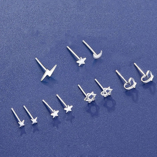 925 Sterling Silver Lightning Stud Earrings for Women Star of David Moon Heart Earring Elegant Wedding 999 Silver Jewelry