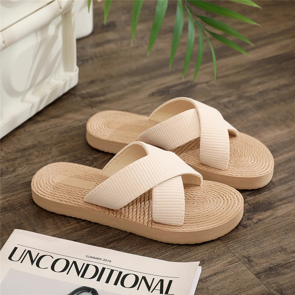 Ladies New Slippers Summer Cross Drag Fashion Hemp Rope Outer Wear Slippers Casual Sandals and Slippers
