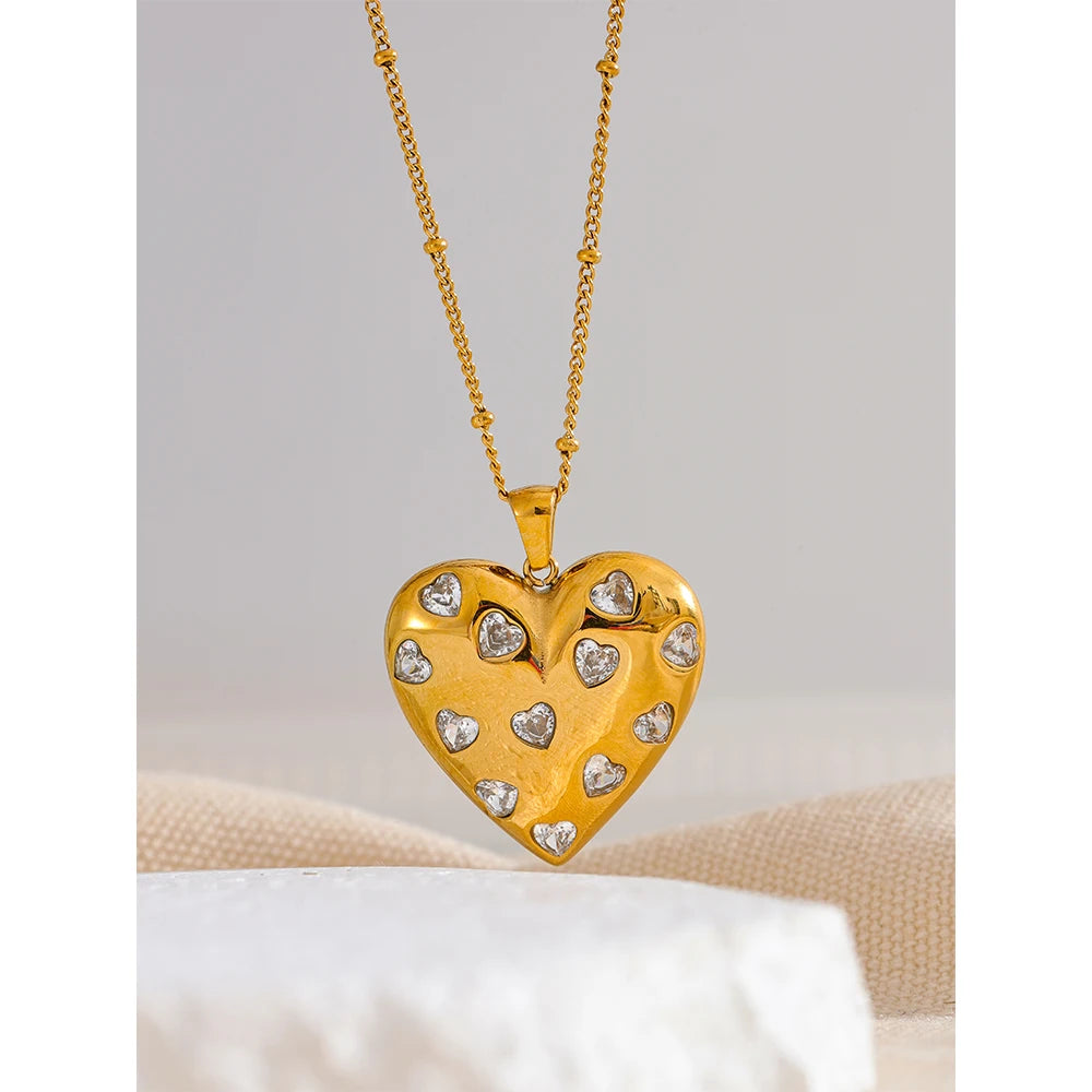 Yhpup Shiny Cubic Zirconia Heart Love Golden Necklace Pendant 316L Stainless Steel Romantic Premium Jewelry Waterproof