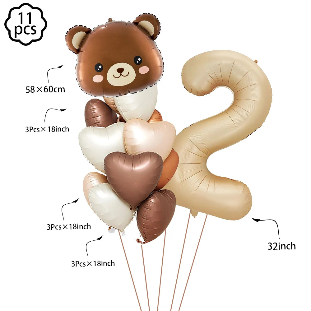 Coffee Brown Teddy Bear Balloon Number Heart Balloon set kid Birthday Party Decoration Baby Shower wedding Valentine's Day decor