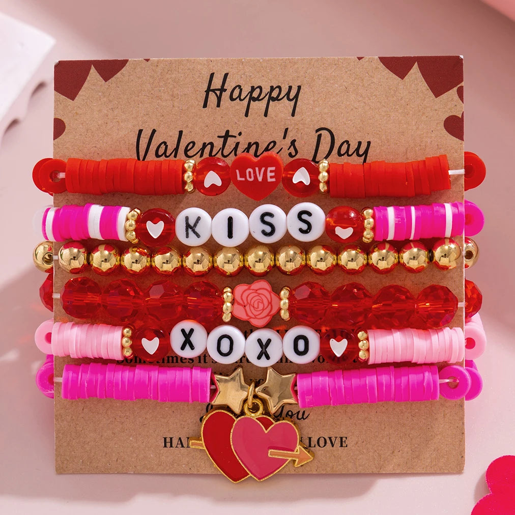Happy Valentine's Day Card Colorful Polymer Clay Soft Chain Bracelets for Women Kpop Two Heart Bangles Couple Friends Jewelry
