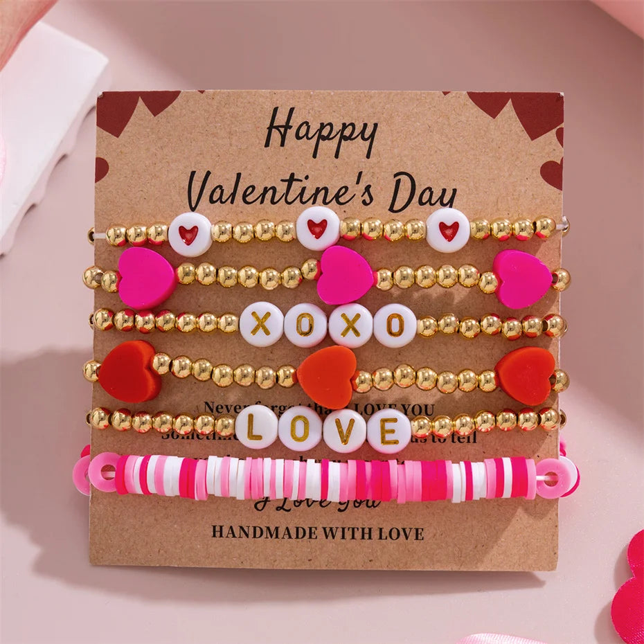 Happy Valentine's Day Card Colorful Polymer Clay Soft Chain Bracelets for Women Kpop Two Heart Bangles Couple Friends Jewelry