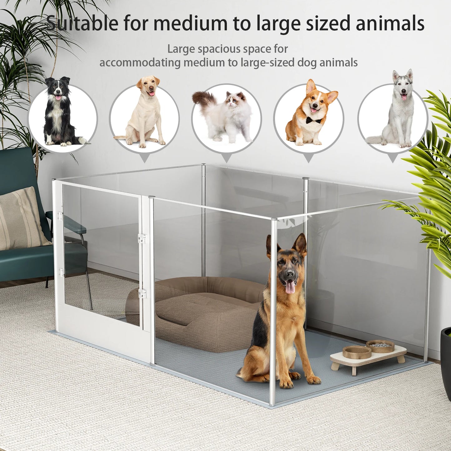 6 Panels Large Acrylic Dog Playpen Fence for Indoor Heavy Duty Pet Kennels Crate Whelping Box with Waterproof Mat