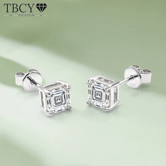 TBCYD 2CT D VVS1 Asscher Cut Moissanite Earrings For Women S925 Silver Classic 4 Prongs Diamond Ear Studs Sparkling Fine Jewelry