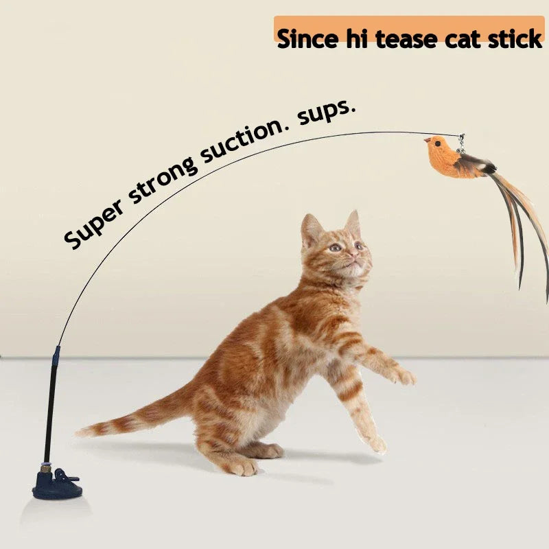 Simulated Bird Cat Toys Upgraded Epoxy Sucker Steel Wire Long Rod Feather Cat Teasing Stick Cat Self Hi No Harmful Ingredients