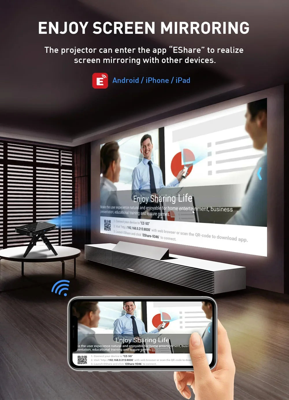 Mini Portable Projector Home Theater 4K 3D DLP Android Smart Ceiling Car Outdoor Wifi Bluetooth Mobile Battery Rechargeable LED