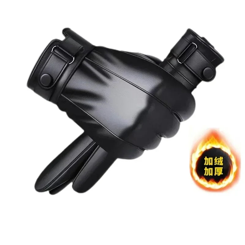 Winter Gloves for Men Genuine Leather Gloves Warm Plus Velvet Touch Screen Gloves Outdoor Cycling Driving Motorcycle PU Gloves