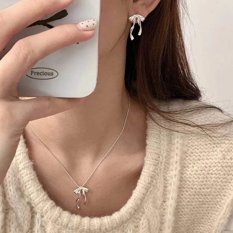 VENTFILLE 925 Sterling Silver Bow Knot Earring for Women Texture Tassels Sweet Romantic Korean Jewelry Gift Dropshipping