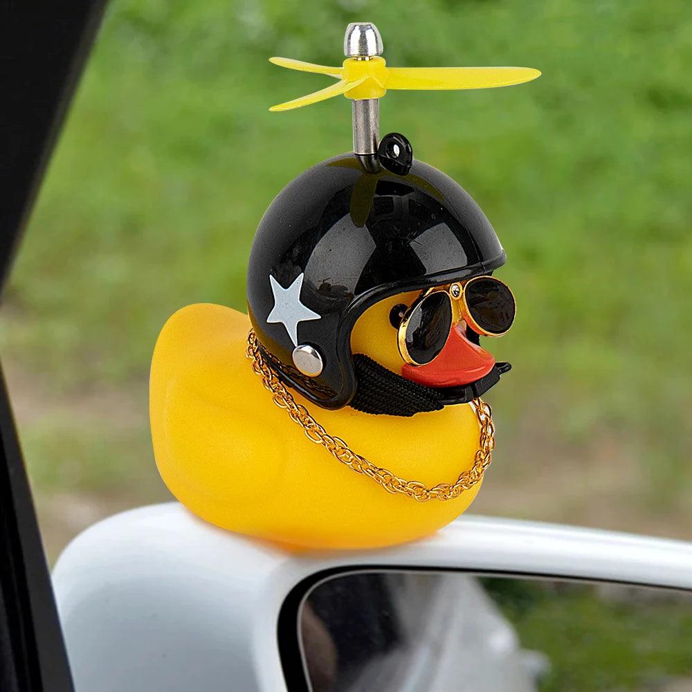 Rubber Duck Toy Motorcycle Bicycle Car Ornaments Yellow Duck Car Dashboard Decorations Cool Glasses Duck with Propeller Helmet