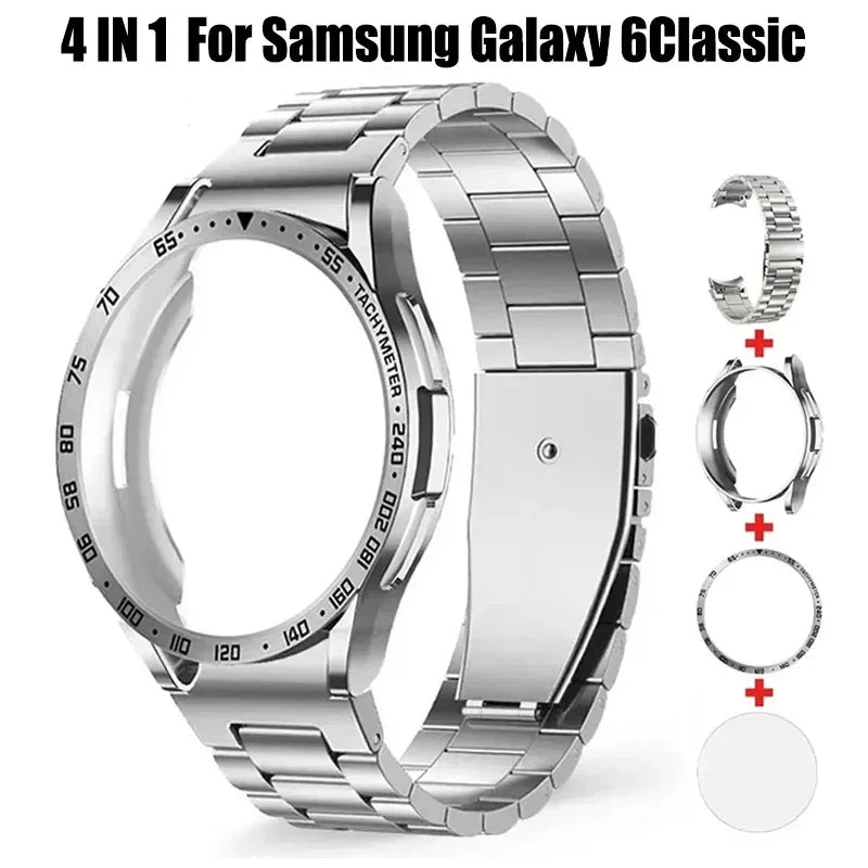 4-in-1 Modification Kit for Samsung Galaxy Watch 6 Classic 43mm 47mm Metal Stainless Steel Strap TPU Case Bezel Protective Film