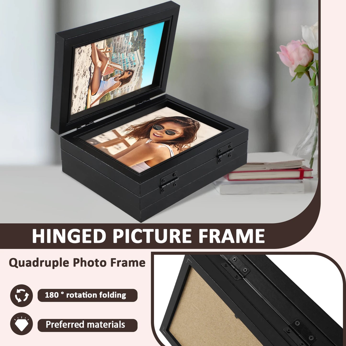 Wooden Photo Frame Foldable Hinged Picture Frame Table Ornament Souvenir for Bedside Bookshelf Office Picture Album Storage Box