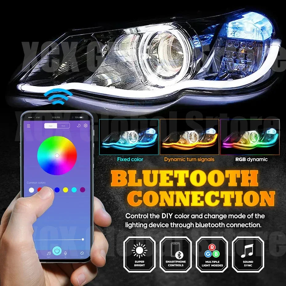 2Pcs RGB LED DRL Daytime Running Light Flowing Turn Signal Lamp APP/RF Remote Control LED Headlight Strips For Car Accessory 12V