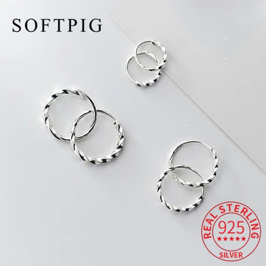 SOFTPIG Real 925 Sterling Silver Minimalist Round Hoop Earrings For Fashion Women Party Fine Jewelry Geometry Accessories Gift