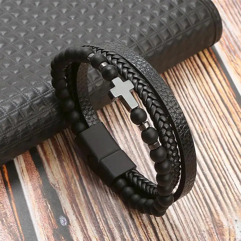 Fashion Braided Rope Woven Multilayer Leather Men Bracelets Punk Mental Magnet Bangle for Friend Charm Jewelry Gifts
