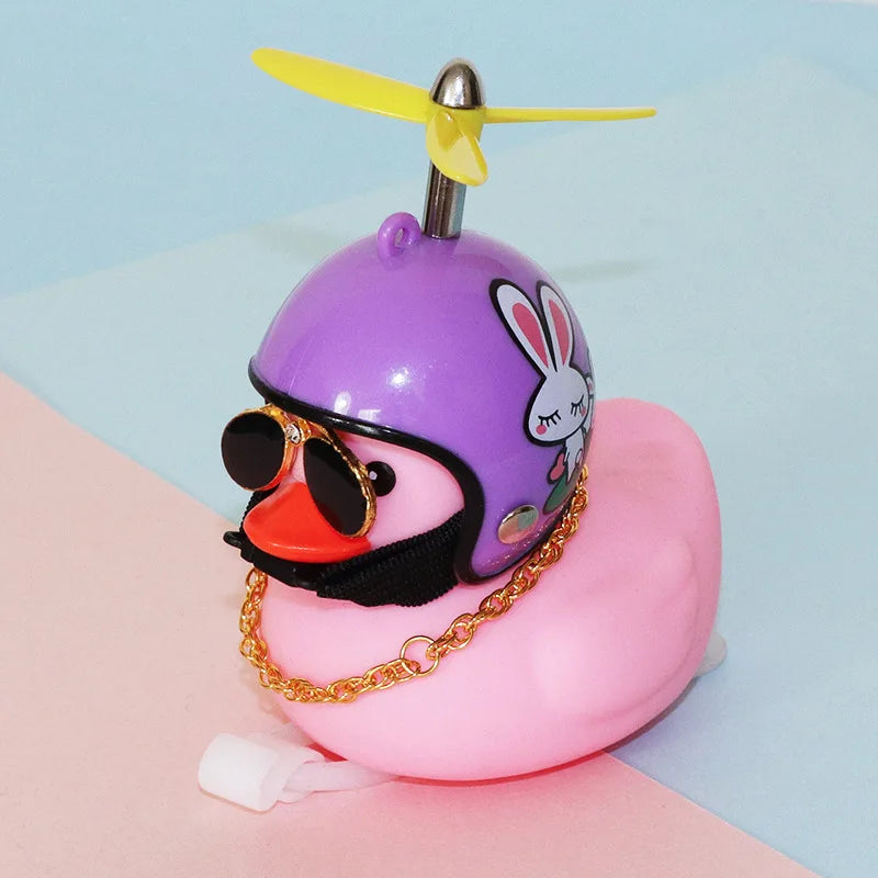 High Quality Pink Rubber Duck Bike Ornament with Sunglasses, gold Chain, propeller for Car Dashboard Bicycle Motorcycle Helmet