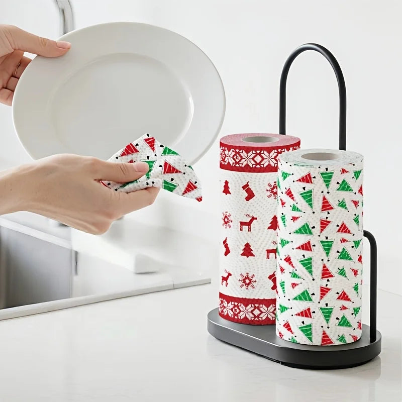 4Pcs Christmas Kitchen Paper Towels, Thick Three-Layer Roll Paper, Disposable Kitchen Cleaning Wet and Dry Dual-Use Household Thick Roll Paper, Disposable Kitchen Paper Towels, Washable Wet and Dry Dual-Use, Cleaning Supplies