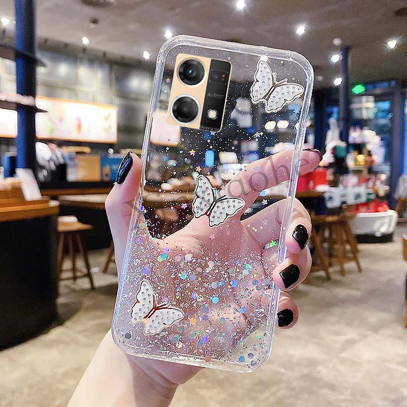 Phone case for OPPO Reno7 4G butterfly Soft Transparent Bling Glitter cover Reno 7 4G