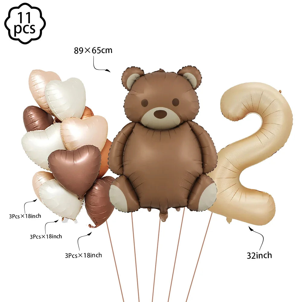 Coffee Brown Teddy Bear Balloon Number Heart Balloon set kid Birthday Party Decoration Baby Shower wedding Valentine's Day decor