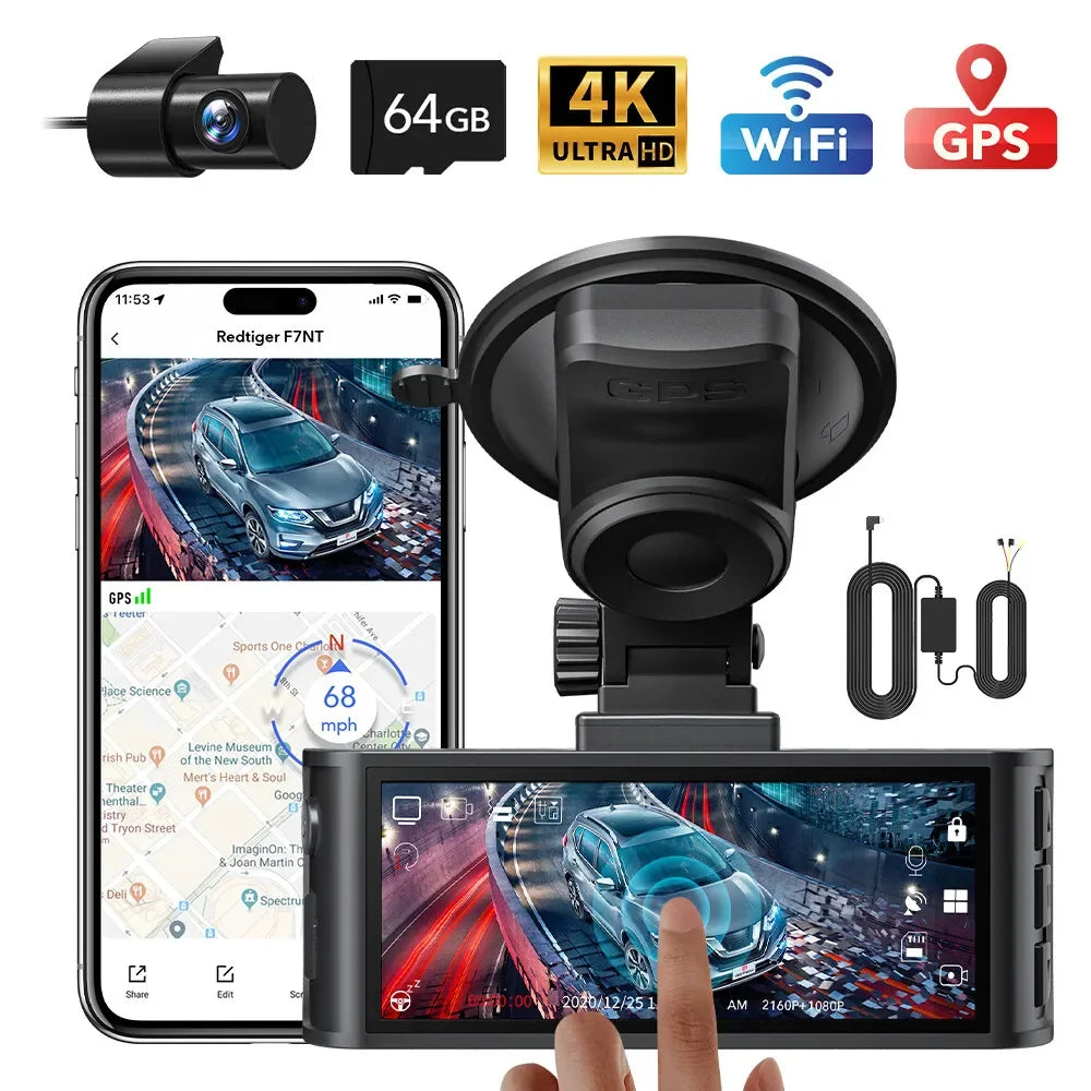 REDTIGER 4K Dash Camera Front and Rear WiFi Car Dvr Dual Car Camera  Easy To Install Car Camera Recorder Touched GPS