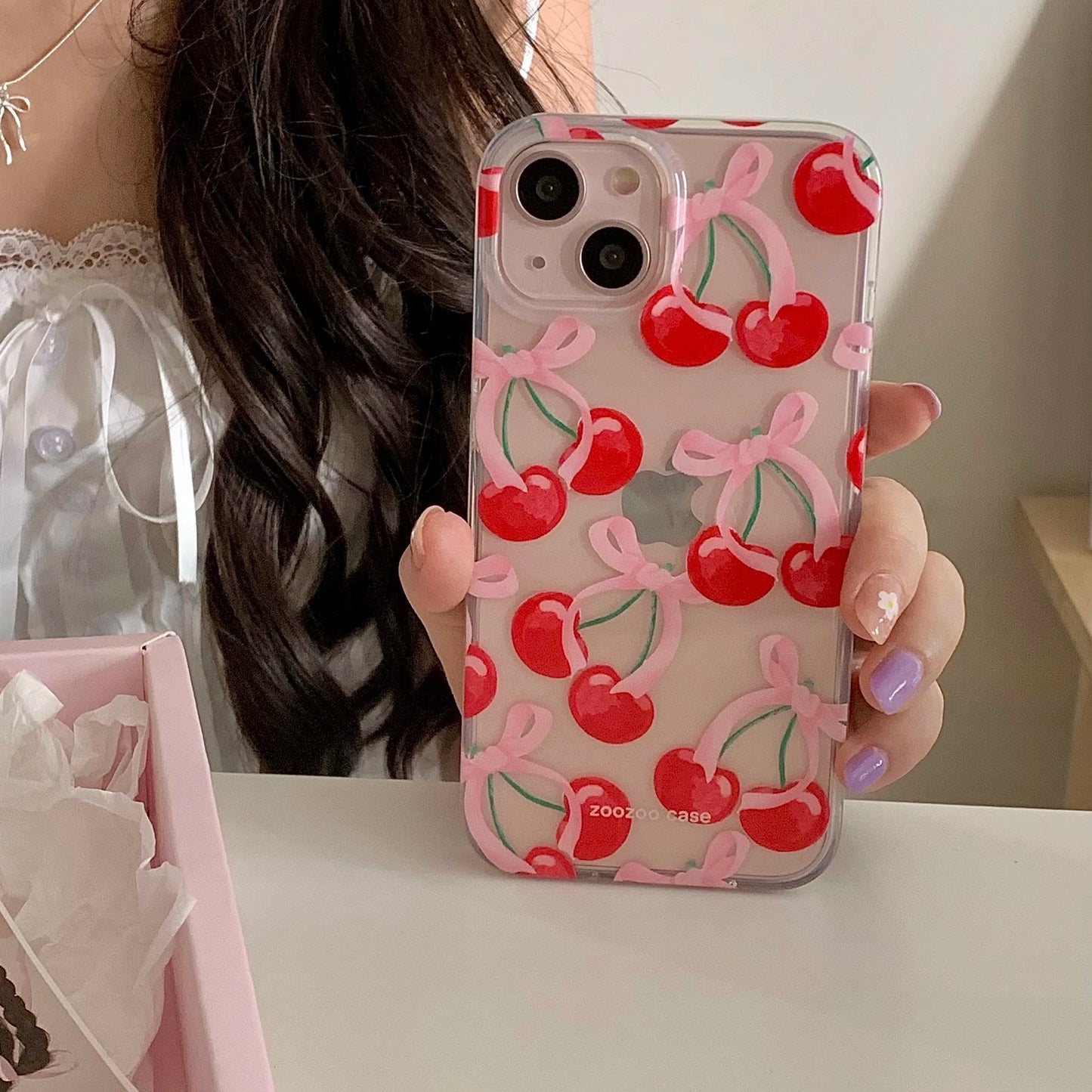 Fruit Pattern Red Cherry Pink Bow Transparent Cover Case For iPhone 15 14 13 12 Pro Max Shockproof Protective Phone Case